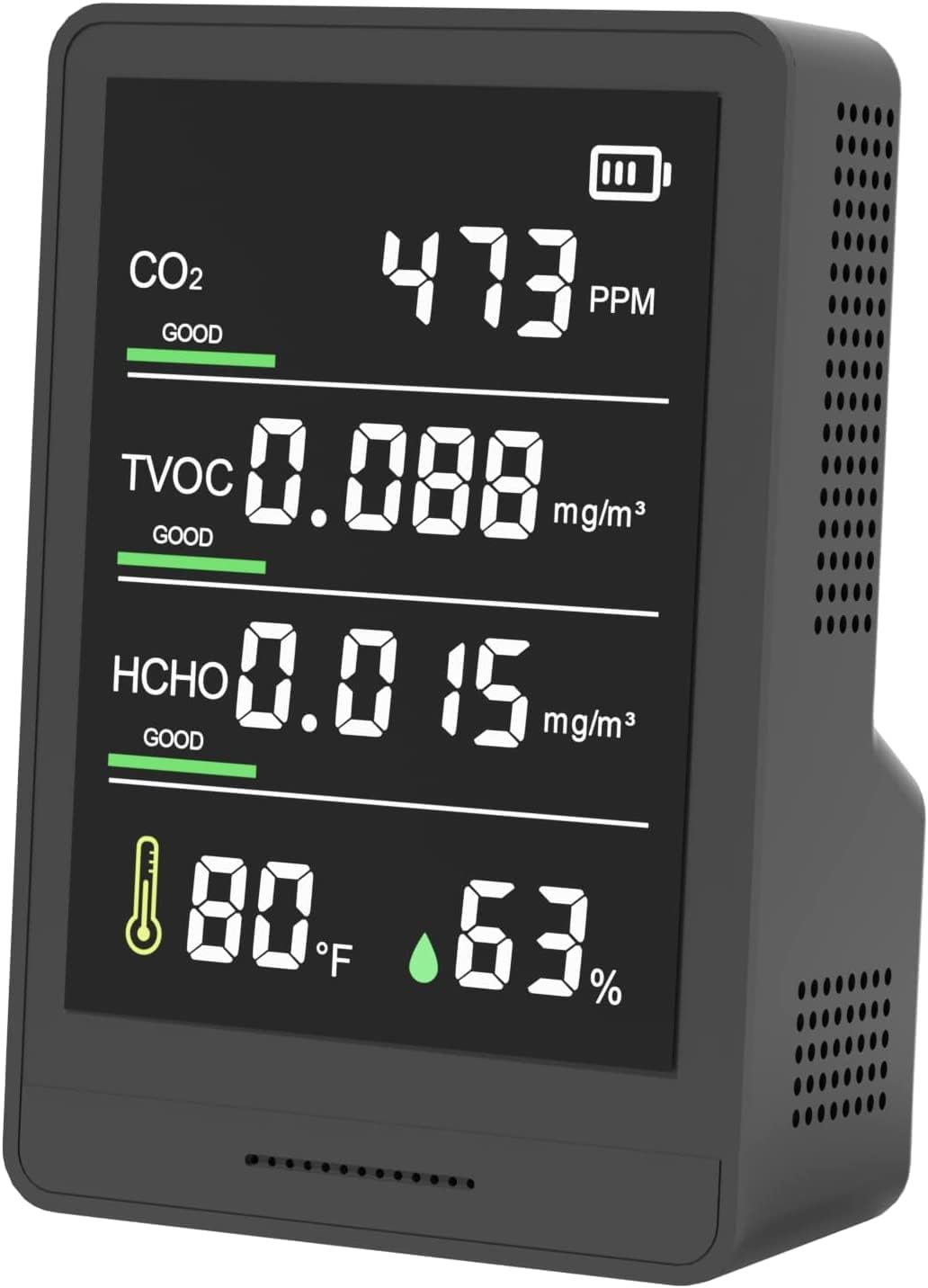 XOOPON Professional Air Quality Monitor Indoor C02 Monitor Temperature Humidity TVOC HCHO Detector for Home Office or School Battery Powered Portable Air Quality Tester (Matte Black)