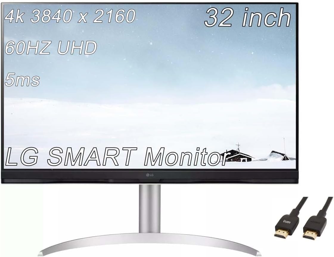 LG 32 inch 4K Smart Monitor, 16:9 Ultra HD (3840×2160) LCD Display, 5ms, 60Hz, AMD FreeSync, with webOS, ThinQ Home, 2x5W Stereo Speakers, USB Type-C, AirPlay 2, Bluetooth, with 5ave HDMI Cable