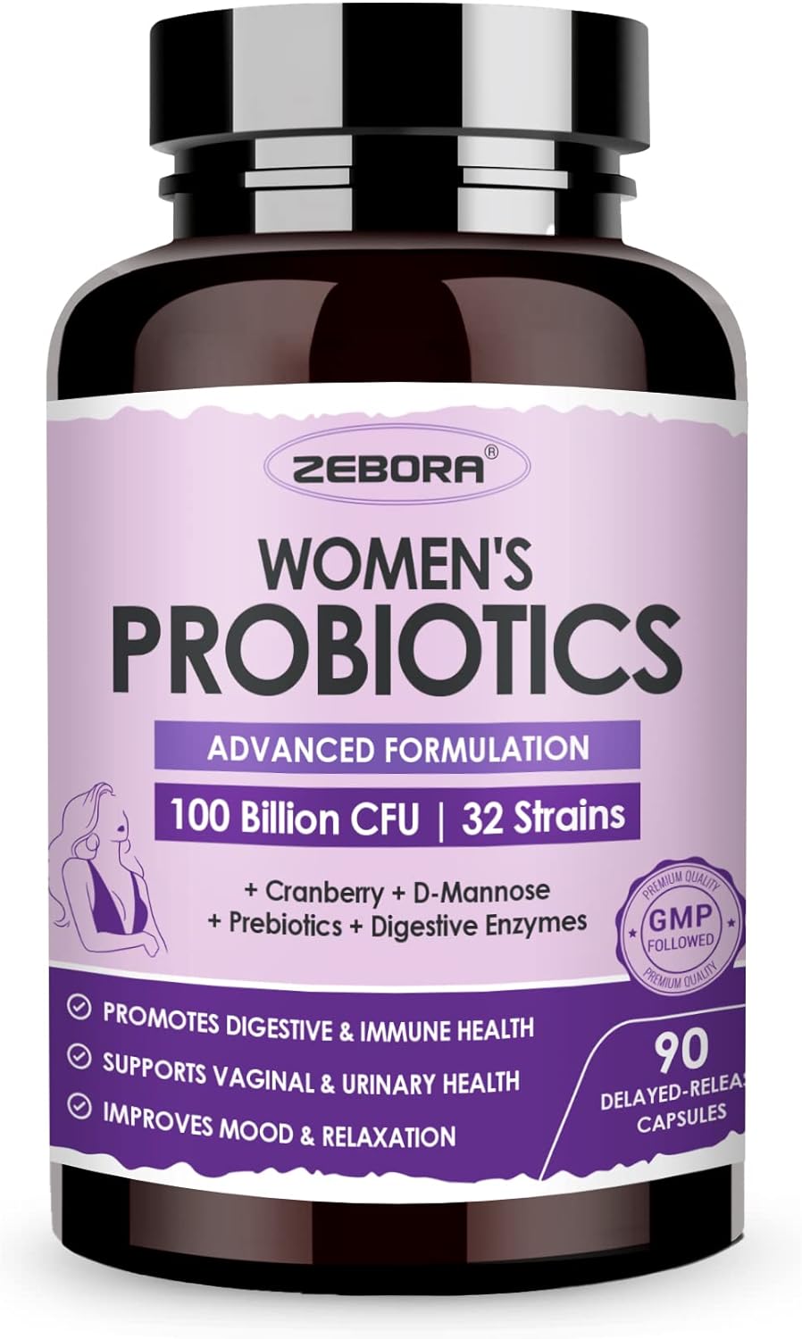 ZEBORA Probiotics for Women Digestive Health with Enzymes & Prebiotics 100 Billion CFUs| Vaginal Probiotics with D Mannose & Cranberry | Urinary Tract Health | Immune Support, 90 Capsules