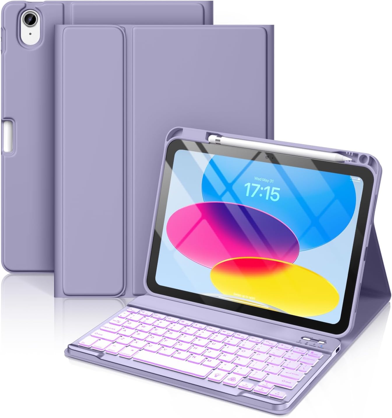 Hamile for iPad 10th Generation Case with Keyboard 10.9 Inch – 7 Colors Backlit Wireless Detachable Folio Keyboard Cover with Pencil Holder for New iPad 10th Gen 2022 (Lavender)