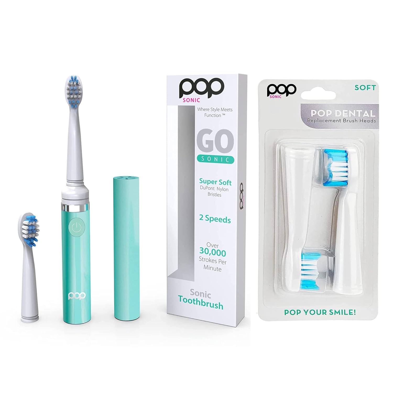 Pop Sonic Electric Toothbrush (Pastel Green) Bonus 2 Pack Replacement Heads – Travel Toothbrushes w/AAA Battery | Kids Electric Toothbrushes with 2 Speed & 15,000-30,000 Strokes/Minute