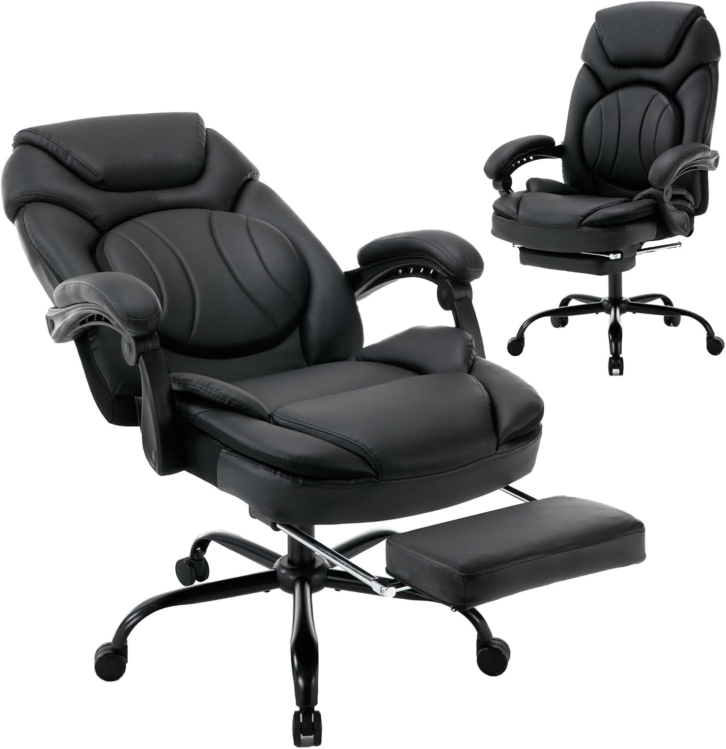 350lbs Reclining Office Desk Chairs with Back Support Footrest, PU Leather Wide Seat Managerial Executive Chairs, Comfortable Ergonomic Recliner Office Chair with Wheels (Black)