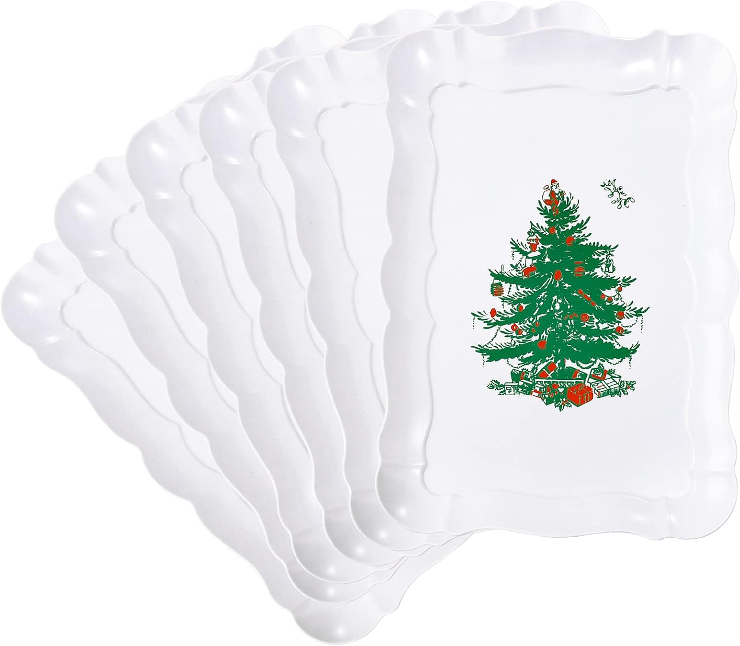 LUODA 6 Pack 2024 New Christmas Rectangle Serving Trays With Christmas Tree Design, Heavy Duty Plastic Serving Platters, 15″ x 10″ Reusable Trays For Party, Christmas Dinner