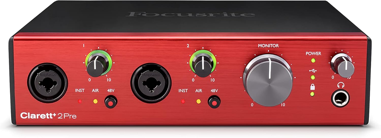 Focusrite Clarett+ 2Pre USB-C Bus-Powered Audio Interface for Music Production, with Two Professional Quality Pre-Amps and Powerful and Transparent Headphone Outputs/Instrument Inputs