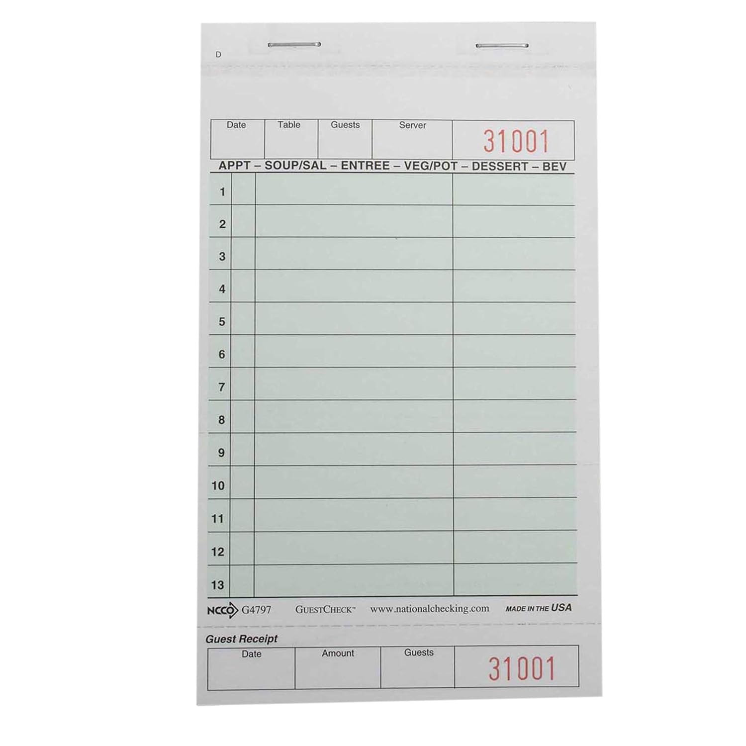 Company Carbonless Guest Check Board – 2 Part Green, 13 Line, 4.20 x 7.25 inch – 2000 per case.