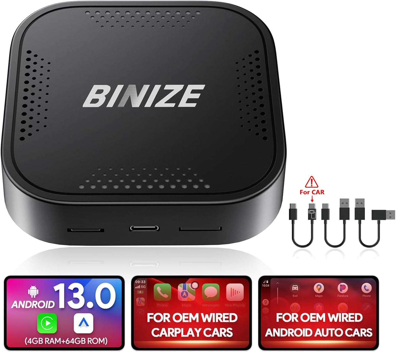 Binize Wireless CarPlay Android AUTO Multimedia Video Box 4G Cellular,4GB+64GB,8Core,Android 13 Built-in Navigation Support SIM&TF Card Bluetooth Support Car with OEM Wired CarPlay/Android Auto