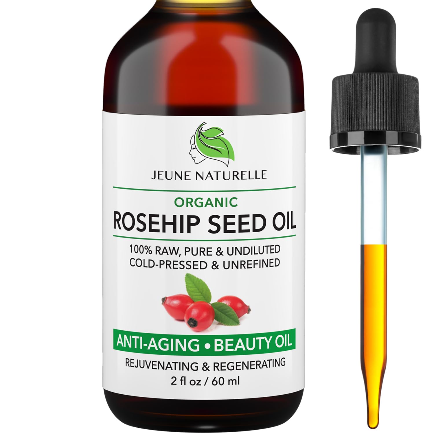 Rosehip Oil Organic, From Fruit & Seeds, Pure, Raw, Virgin, Cold Pressed, Undiluted Body Oil For Skin Care, For Hair Oil, Gua Sha, Cuticle Oil, Face Oil, Organic Rosehip Seed Oil, 2 oz