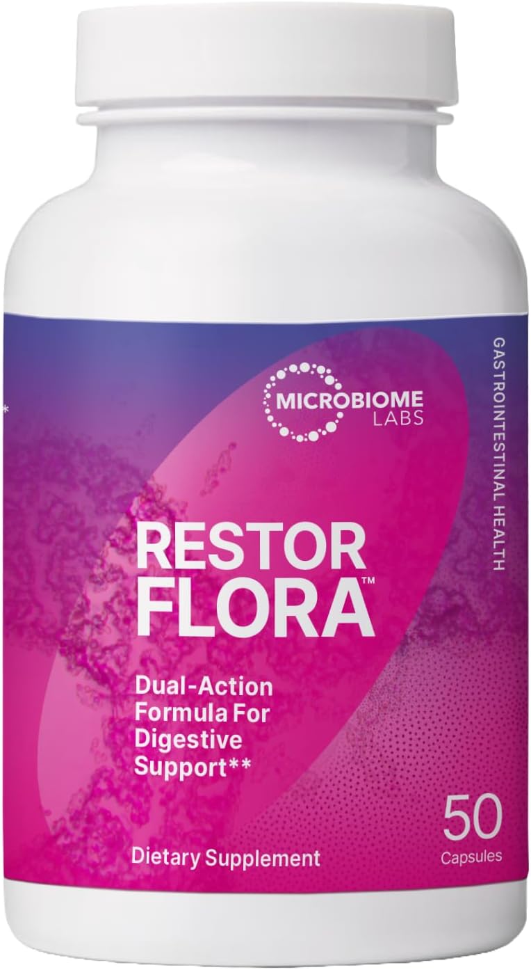 Microbiome Labs Restorflora Probiotics for Digestive Health – Gut Health Supplements with Dual Action Probiotics for Women, Men & Kids 5+ – Support Bowel Regularity & Immune Function (50 Capsules)