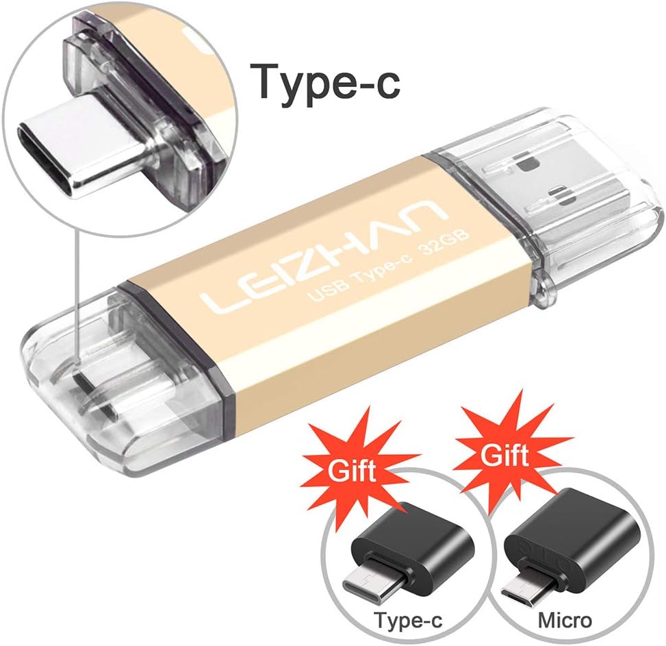 leizhan USB C Flash Drive 32GB, Photostick for Type C Smartphones, Samsung Galaxy S10,S9, S8,S8 Plus,Google Pixel XL, with USB OTG Adapter Micro and Type-C USB to USB Converter