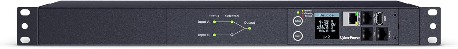 CyberPower PDU44004 Switched ATS PDU, 200-240V, 15A (Derated to 12A), 12 Outlets, 1U Rackmount