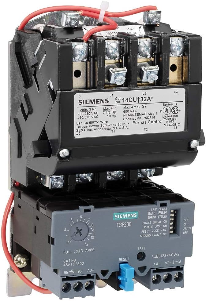 Siemens 14DUE32AA Heavy Duty Motor Starter, Solid State Overload, Auto/Manual Reset, Open Type, Standard Width Enclosure, 3 Phase, 3 Pole, 1 NEMA Size, 10-40A Amp Range, A1 Frame Size, 110-120/220-240 at 60Hz Coil Voltage , Black