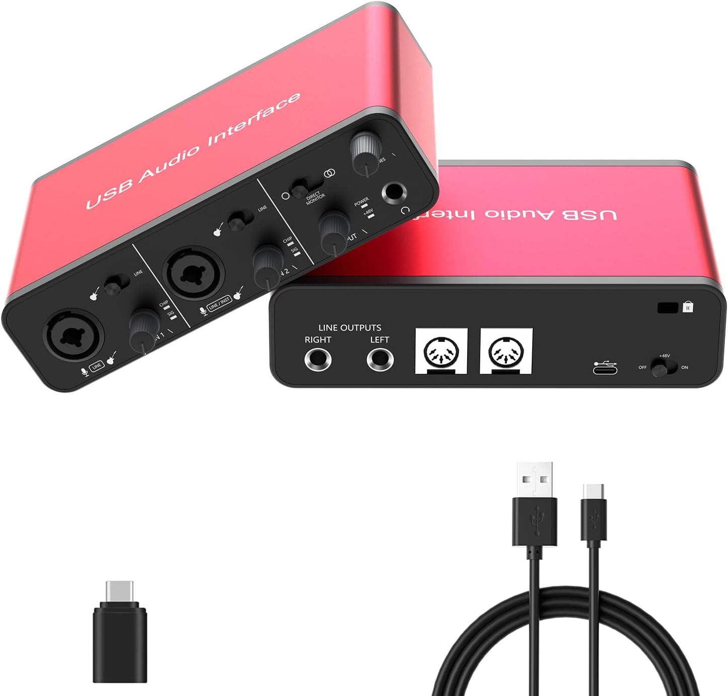 Dacimora 2i2 USB Audio Interface with 48V Phantom Power 24Bit/192kHz Plug and Play for Recording Podcasting Streaming Recording Songwriting Streaming XLR Audio Interface(with MIDI)