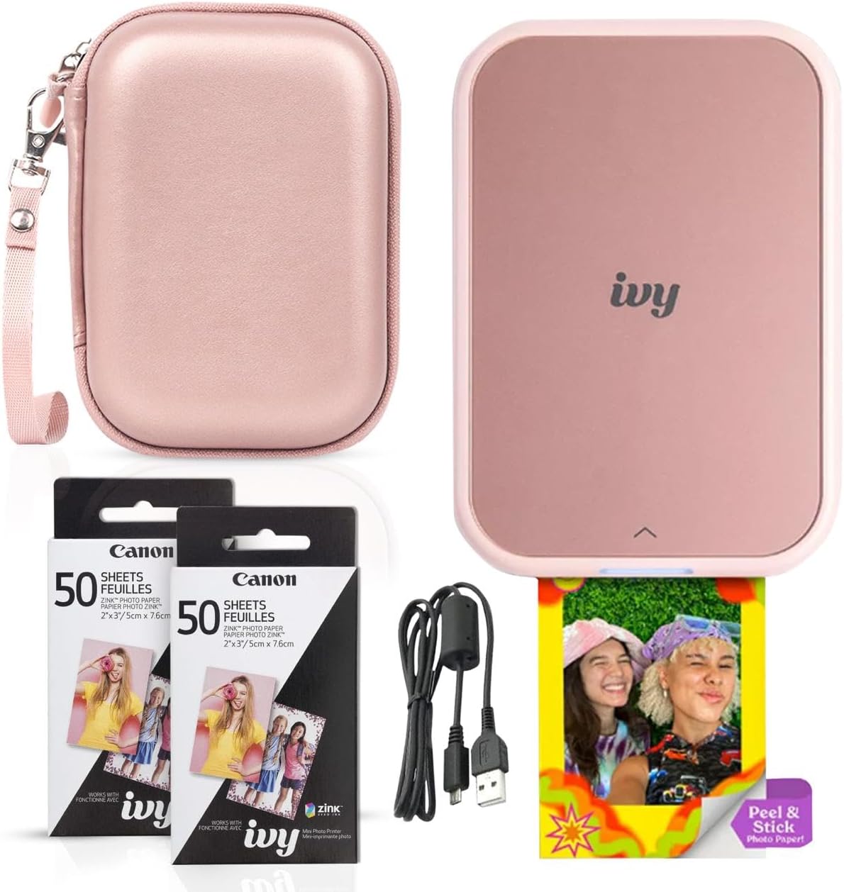 Canon Ivy 2 Mini Photo Printer (Blush Pink) – Bluetooth, Print from iOS & Android Devices, Bundle Incl. 110 Zink Sticky-Back Prints, LED Light Bar, Protective Case, and USB Cable