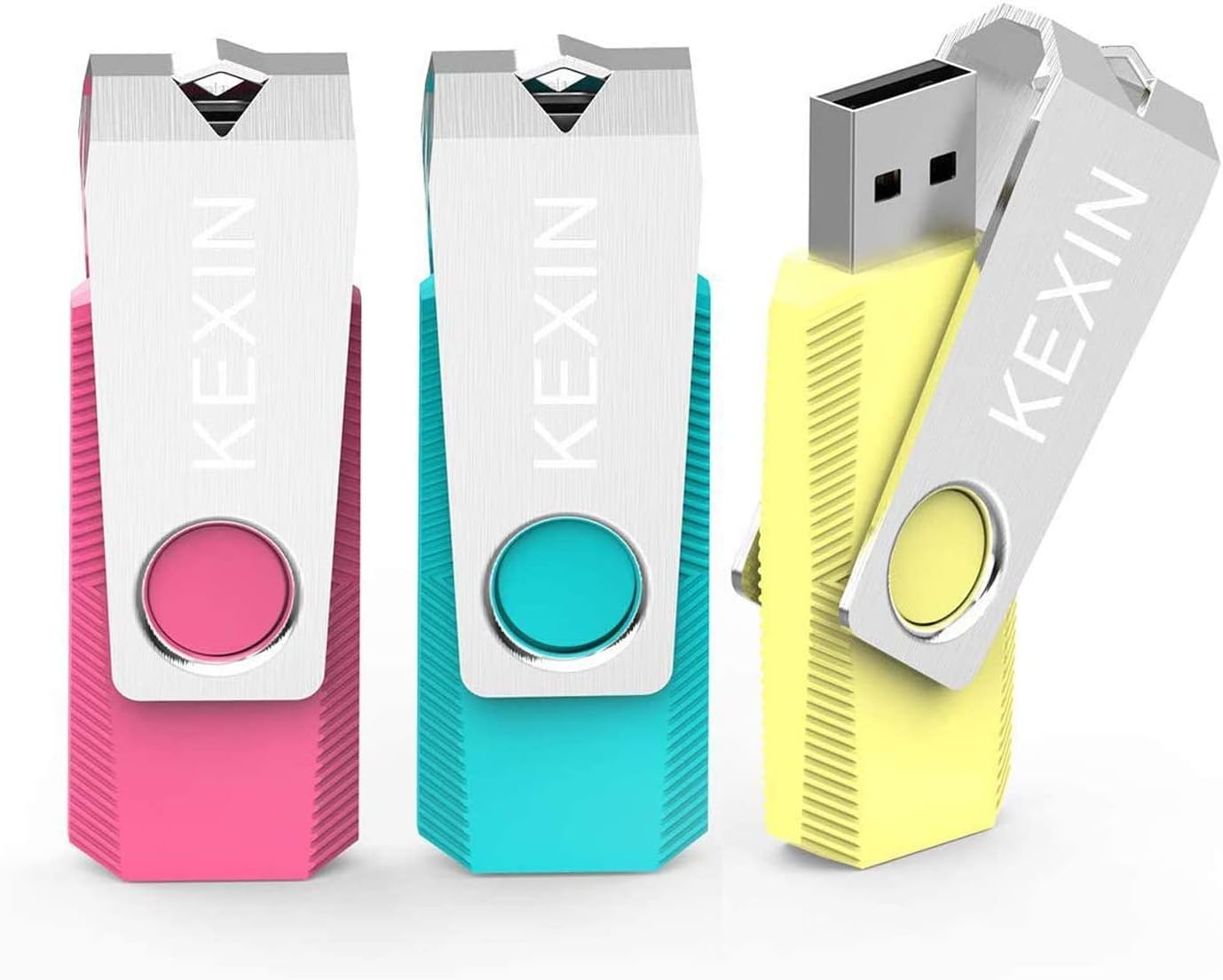 KEXIN Flash Drive 64GB 3 Pack USB Flash Drive 64 GB Thumb Drive USB Drive Bulk Jump Drive Swivel Pen Drive Data Storage USB Stick with LED Indicator 64G Pink Yellow Cyan