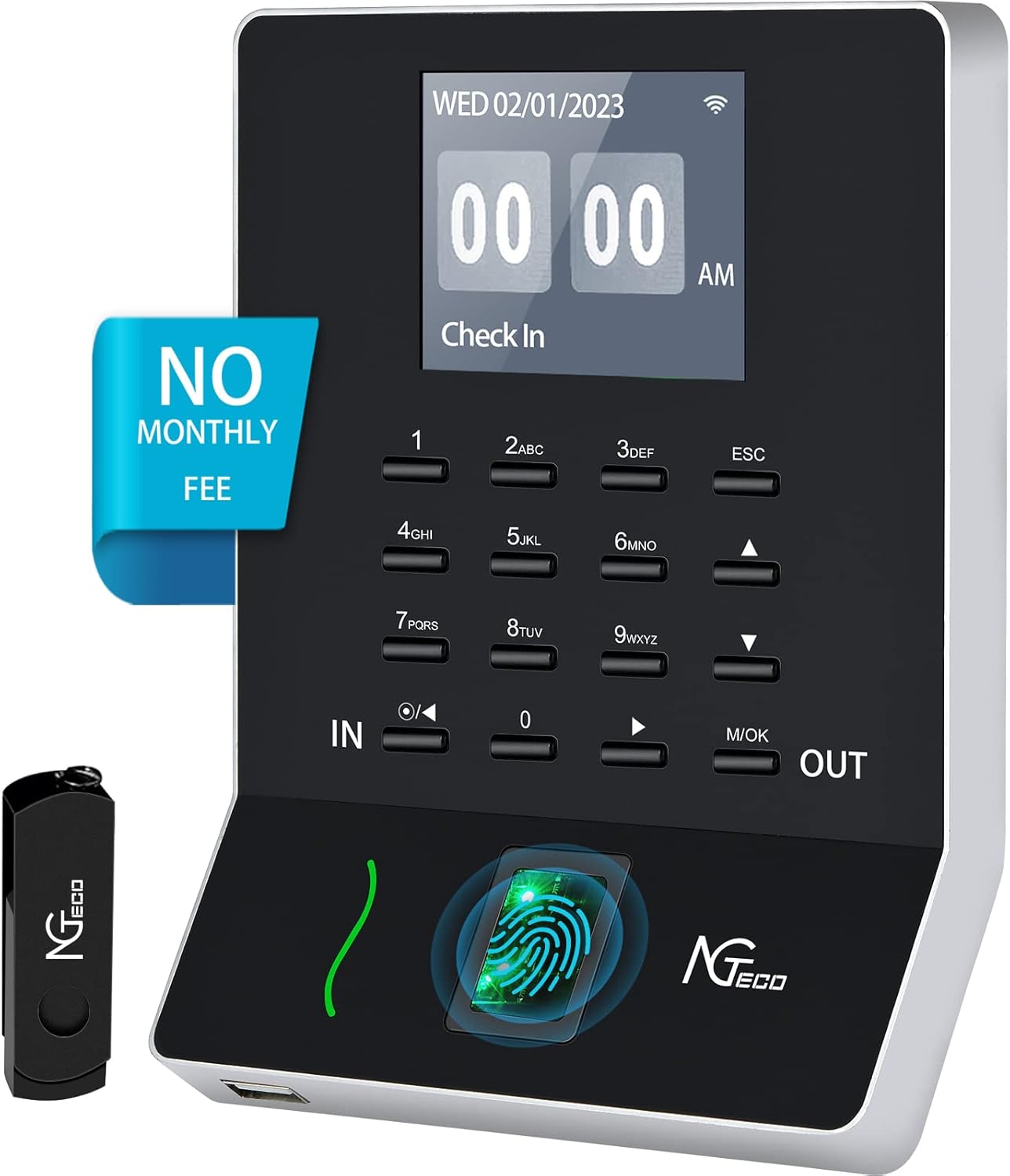 NGTeco Fingerprint Time Clock, W2 Biometric Employee Attendance Machine for Small Businesses and Offices, Fingerprint Scanner, 2.4GHz LAN WiFi Connectivity, iOS/Android App (No Monthly Fee)