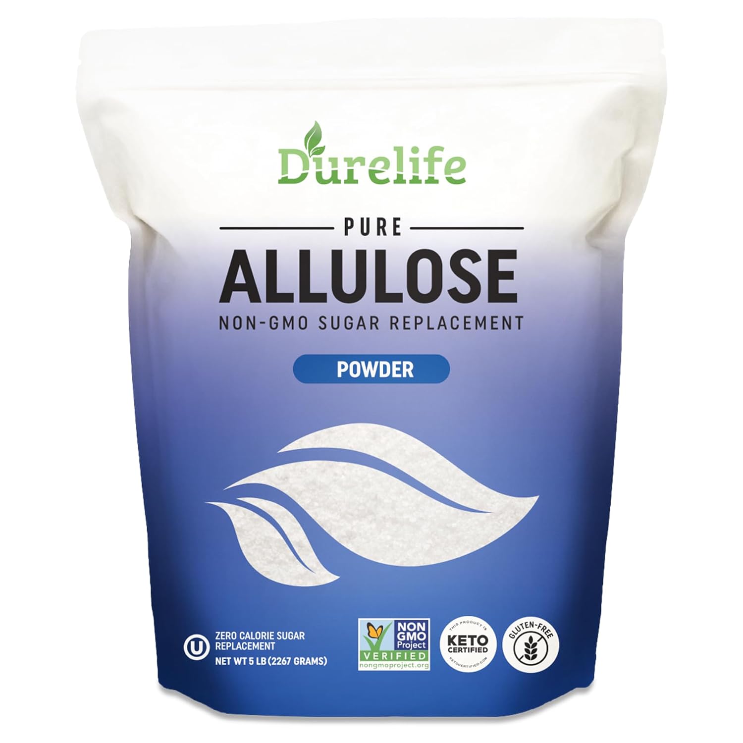 Durelife Allulose sweetener, 5 lb 100% Pure No Erythritol powdered Sugar Substitute, NON-GMO Project Verified, Keto Certified, OU kosher, No Fillers, Zero Calories sugar alternative 5 Lbs