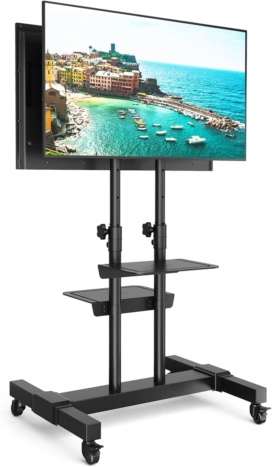 Rfiver Dual Monitors Mobile TV Cart with Tilt Mount for 37-80 Inch Flat Screen/Curved TVs, 2-Shelf Rolling TV Stand with Locking Wheels, Adjustable Floor TV Trolley for Trade Show, Extra Tall