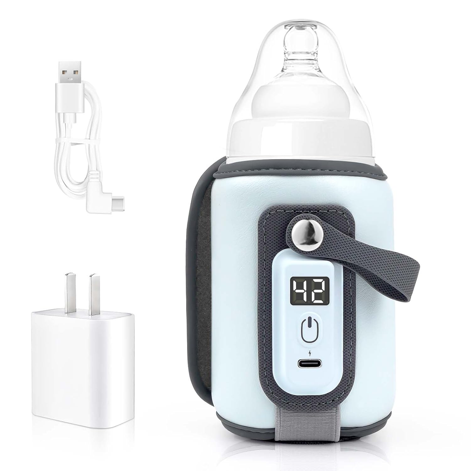 Portable Bottle Warmer, Bottle Warmer for Breastmilk 38-52℃ Adjustable, Baby Milk Warmer for All Bottles, Baby Bottle Warmer with 18w Fast Charging Head, USB Warmer Bottle for Car Travel and Outdoors