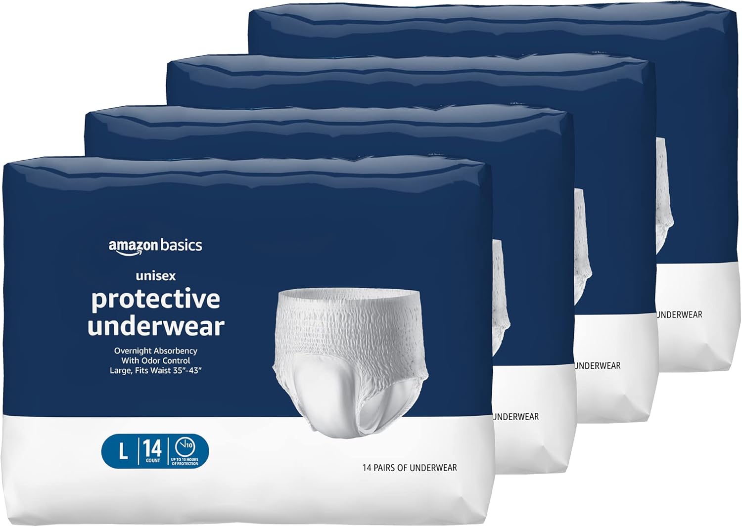 Amazon Basics Unisex Protective Underwear, Overnight Absorbency, Large, 56 Count, (4 Packs of 14)