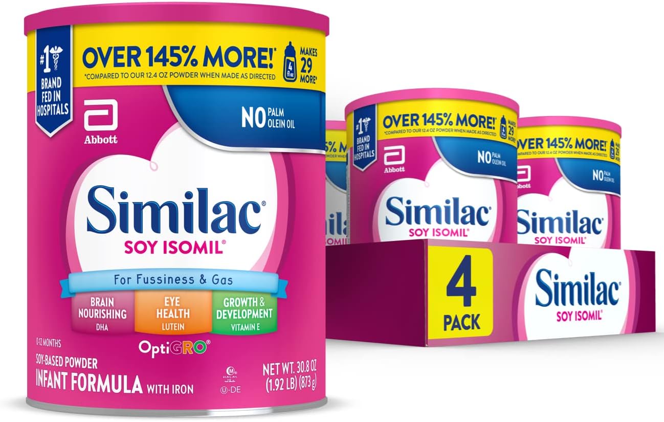 Similac Soy Isomil Infant Formula, for Fussiness & Gas, Plant-Based Protein, Baby Formula Powder, 30.8-oz Value Can, Pack of 4