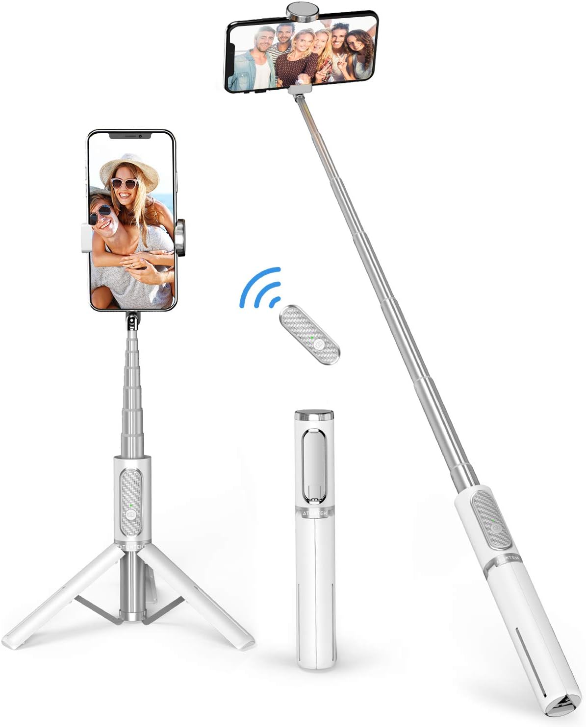 ATUMTEK Selfie Stick Tripod, Extendable 3 in 1 Aluminum Bluetooth Selfie Stick with Wireless Remote and Tripod Stand for iPhone 16/15/14/13/12/11 Pro Max/XS Max/XS/XR/X/8/7, Samsung Smartphones White