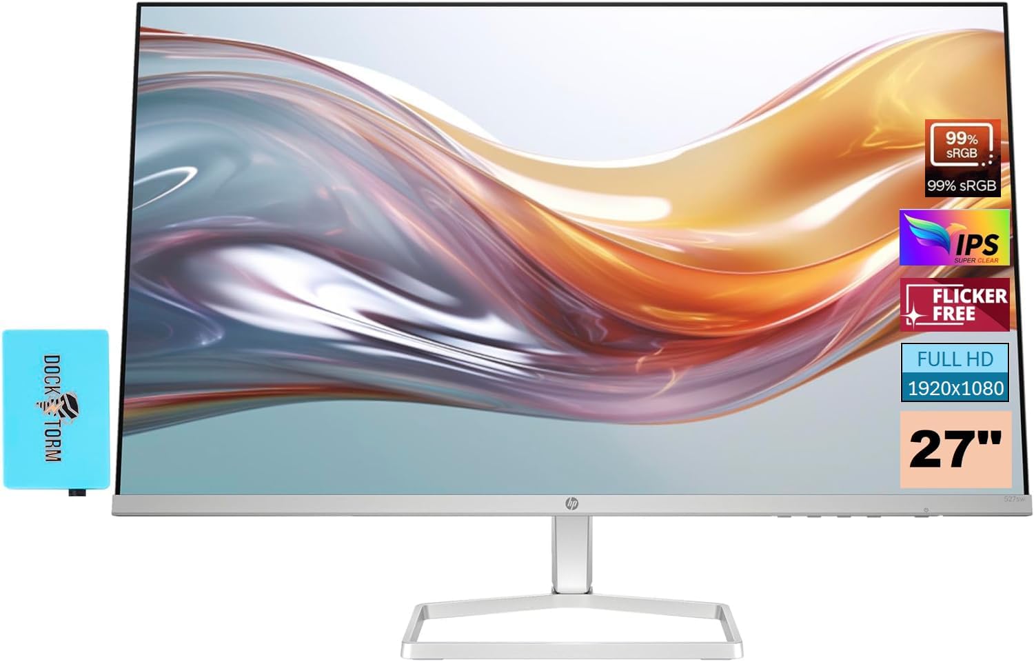 HP 527sw Monitor (Replaces Model m27fw) with 75Hz IPS, FHD, Anti-Glare, Flicker-Free, 300 nits Display, Adjustable tilt, 1 VGA, 2 HDMI, 99% sRGB Color, (2024 Model), w/Dockztorm USB Port Expander