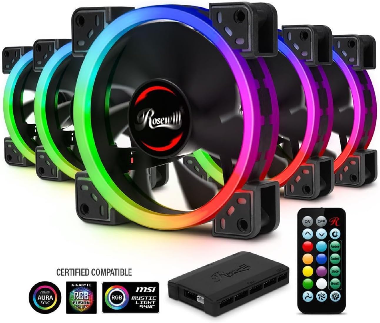 Rosewill RGBF-23001 120mm Dual Ring Addressable RGB Case Fan Hub Set, True RGB LED Case Fans (5-Pack) and 8-Port Fan Hub, Ultra Quiet Cooling with Long Life Rifle Bearings