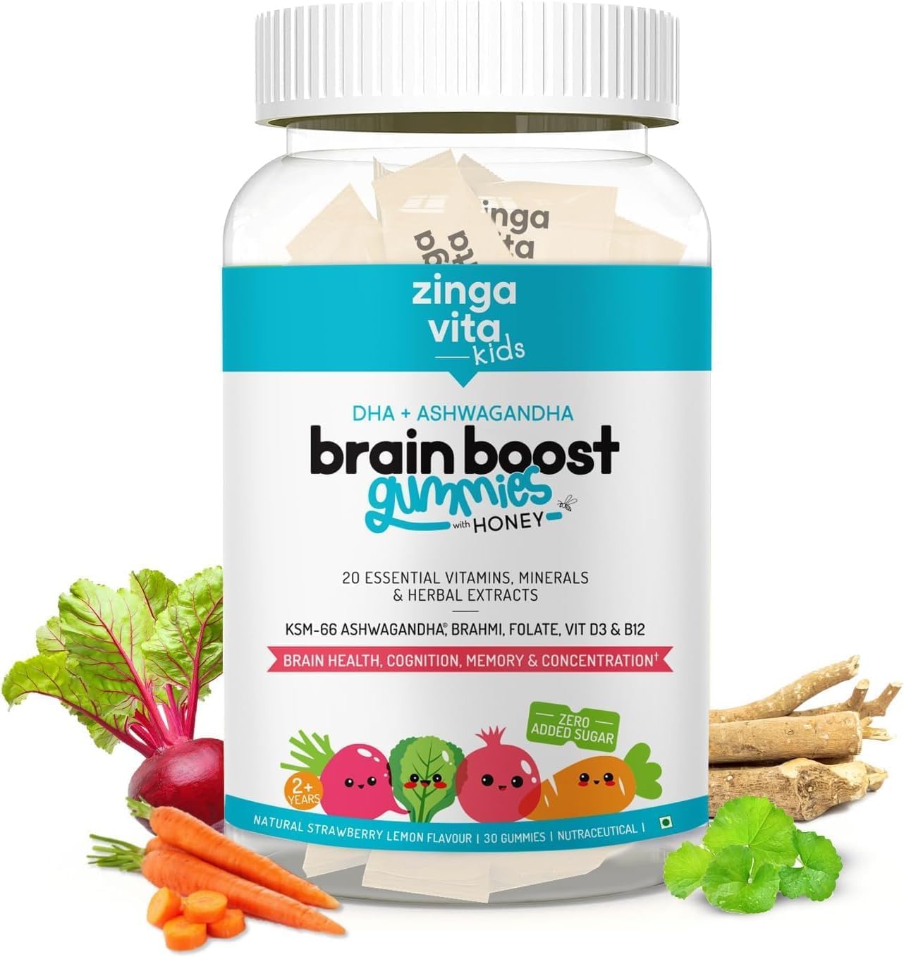 DHA Brain Gummies with Honey for Kids (2+ Years), Power of KSM-66 Ashwagandha, Amla, and Brahmi Extracts for Enhanced Brain Health,100% Veg, No Added Sugar, 30 Gummies (Strawberry Lemon)