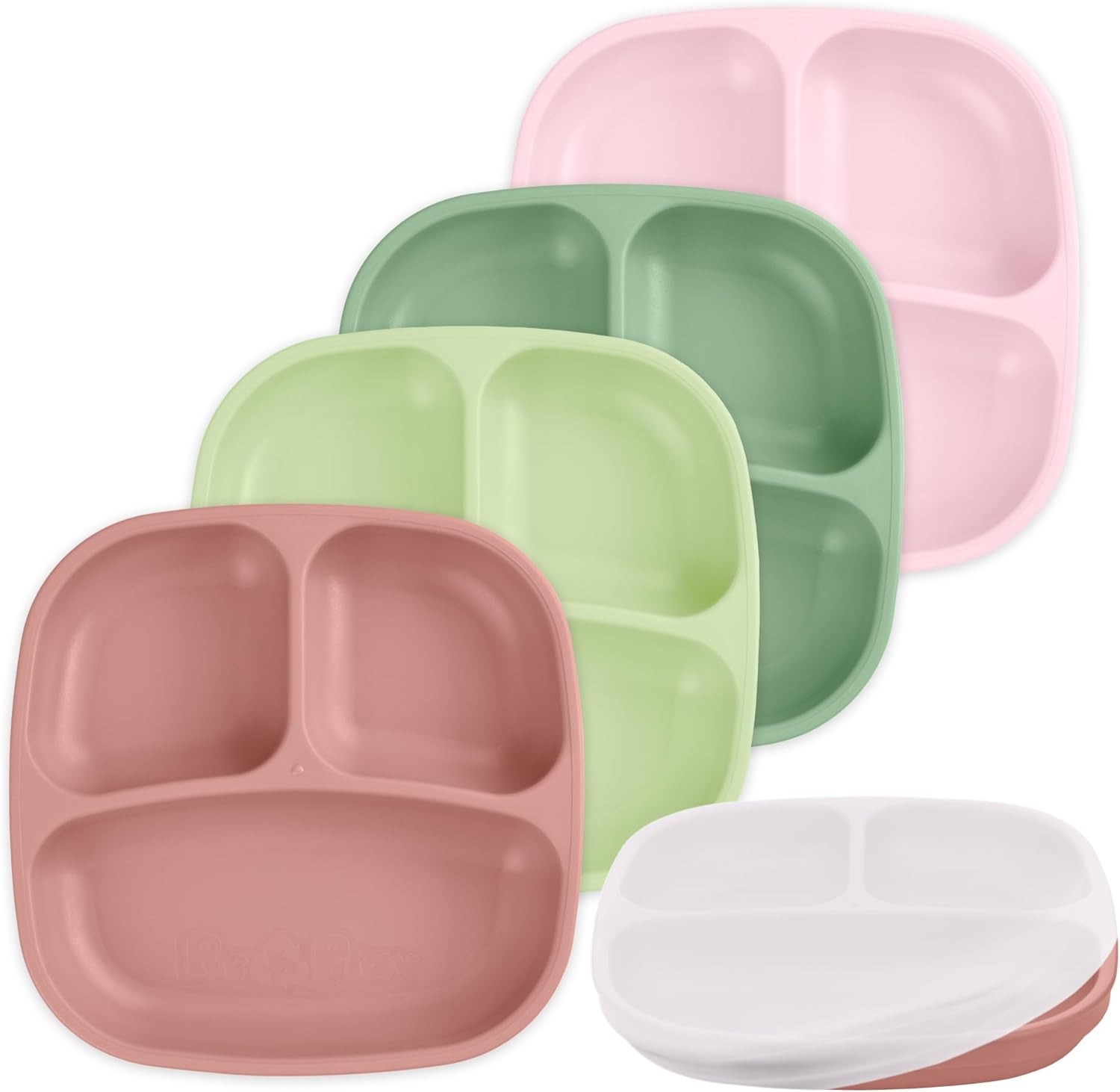 Re-Play – 4 Pack 7.37″ Divided Plates with Deep Sides for Baby, Toddler & Child Feeding – BPA Free – Made in USA from Recycled Milk Jugs – Desert Roses With 1 Silicone Lid