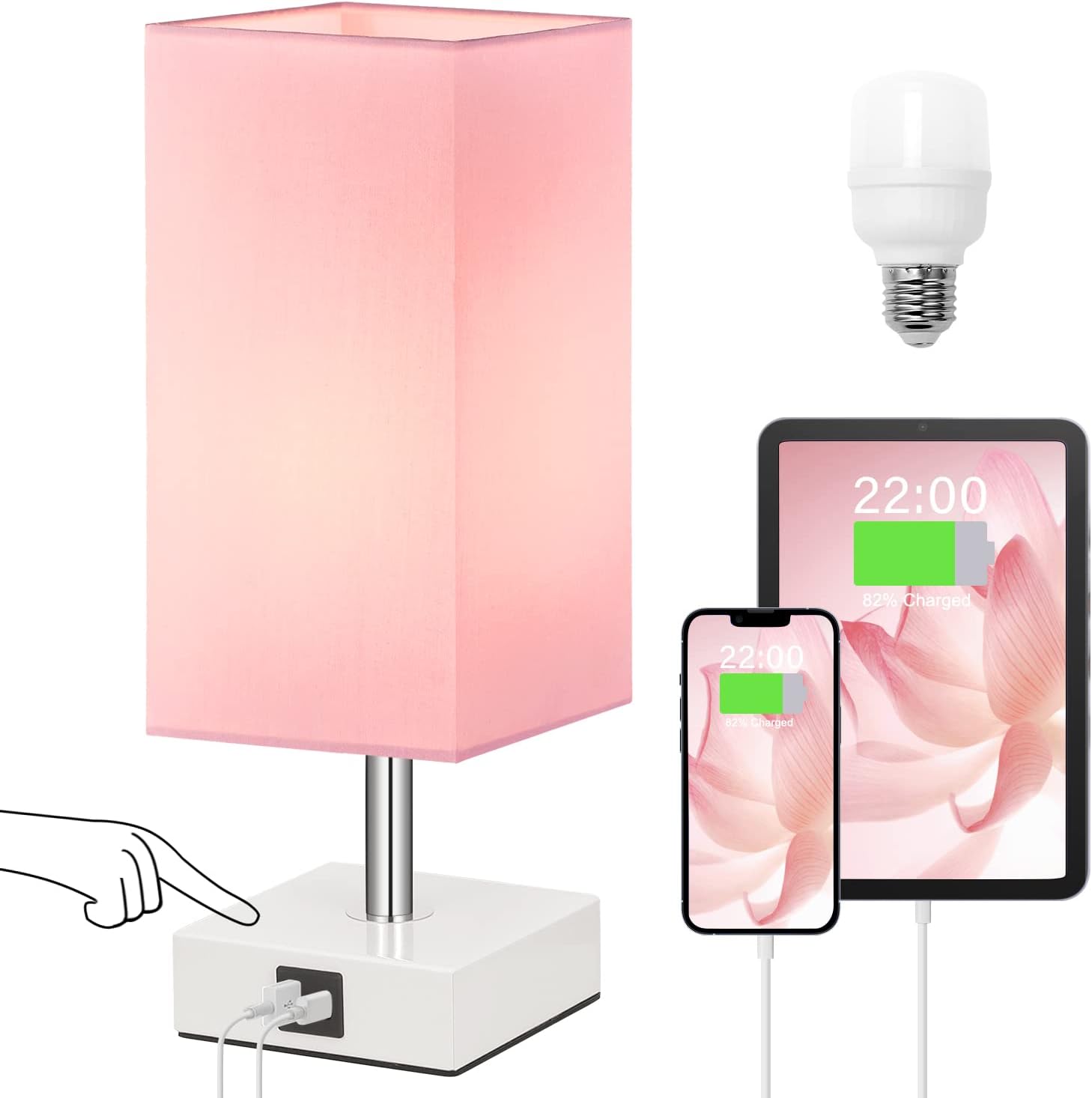 Ambimall Touch Control Table Lamp with 2 USB Charging Ports, 3 Way Touch Lamps Beside Desk, Nightstand Lamp for Bedrooms Living Room, Pink Shade with White Base, LED Bulb Included(Pink)