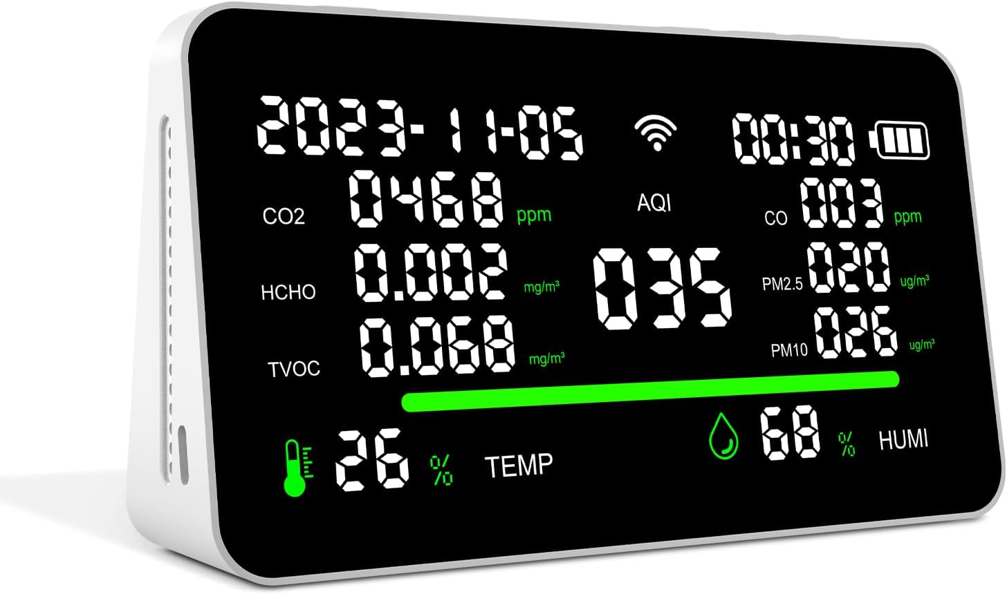 11-in-1 Air Quality Monitor, Indoor CO2/VOC/AQI/PM2.5/Thermometer/Humidity Monitor, Portable Smart Air Quality Meters, Air Quality Tester for Home Office Outdoor, Battery Powered