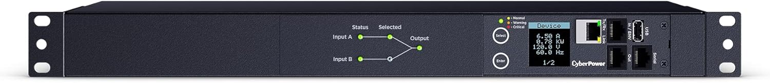 CyberPower PDU44002 Switched ATS PDU, 100-120V, 20A (Derated to 16A), 10 Outlets, 1U Rackmount