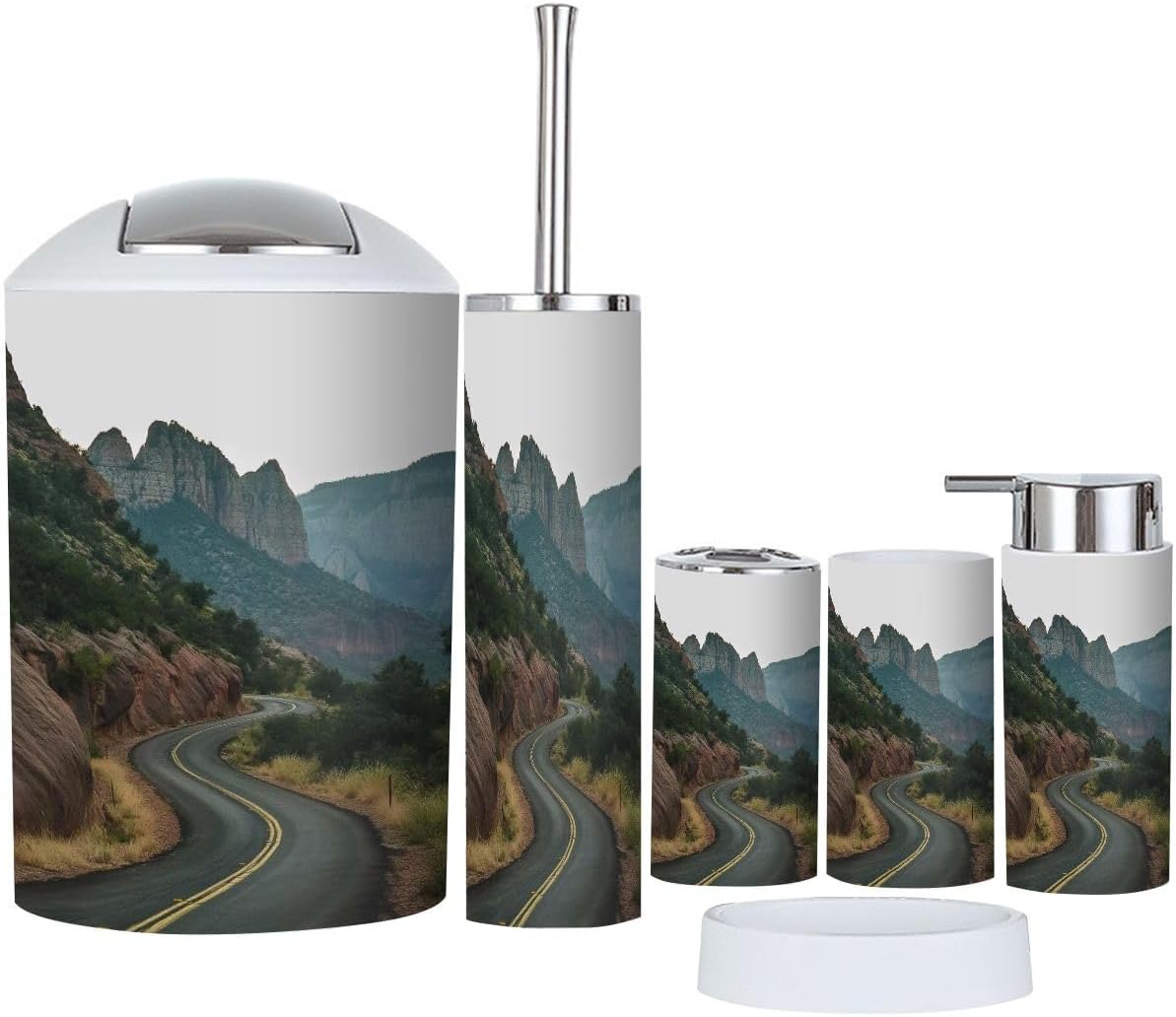 Bathroom Accessory Set 6 Piece Driving to Zion National Park Utah Toothbrush Holder, Toothbrush Cup, Soap Dispenser, Soap Dish, Toilet Brush Holder, Trash can