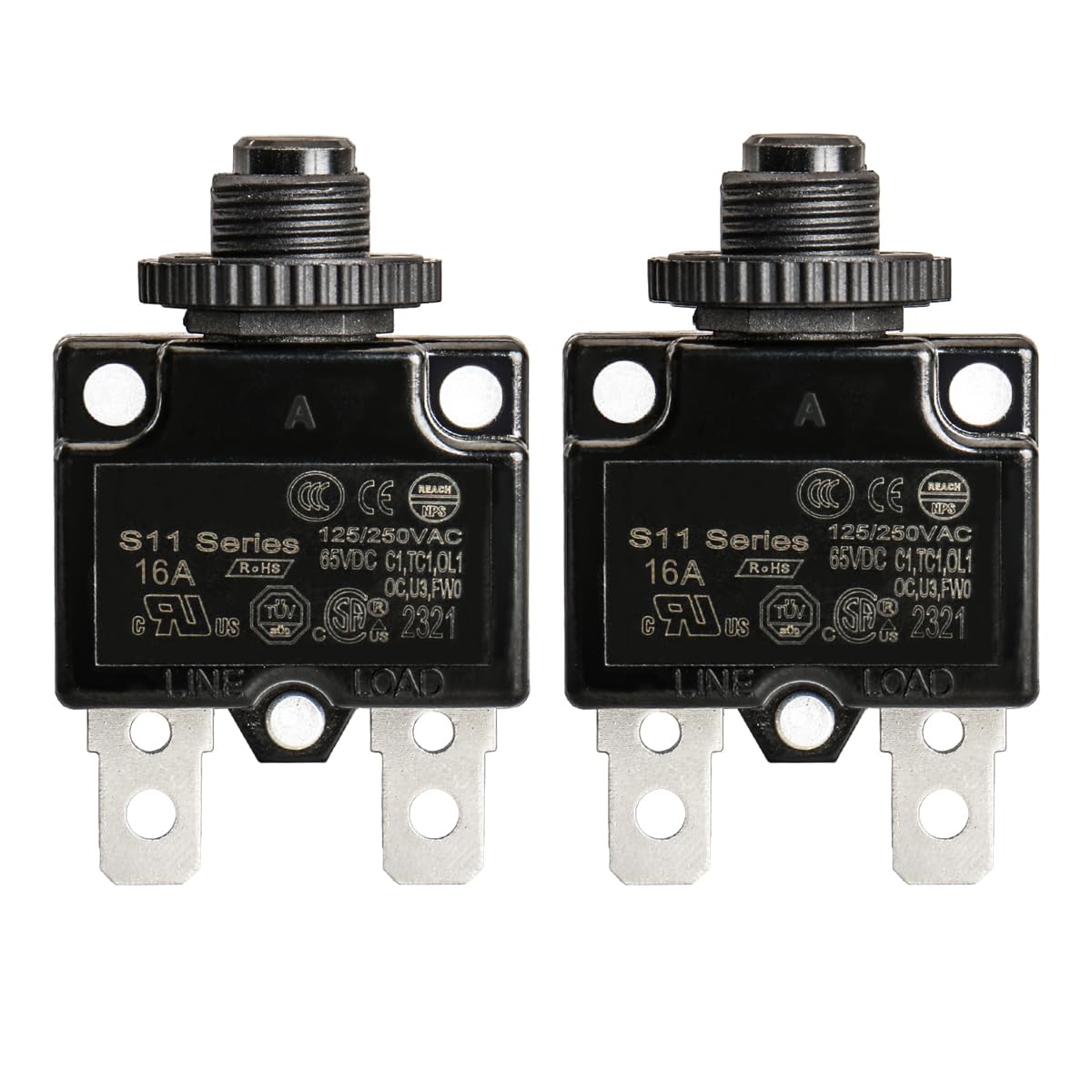 Baomain 2pcs Circuit Breaker Thermal Overload Protector, S11 Series 125/250VAC/65VDC, Manual Reset Thermal Circuit Breakers Black UL CE Listed (16A)