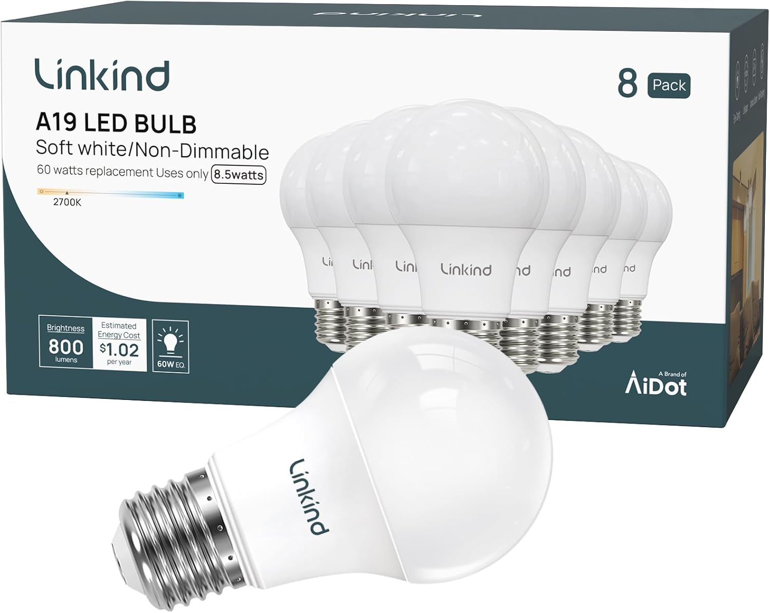 Linkind A19 LED Light Bulbs, 60W Equivalent LED Bulbs, 8.5W Energy Efficient, 2700K Soft White Light Bulbs, 800 Lumens Non-Dimmable Bulbs, E26 Standard Base for Bedroom Home Office, 8 Packs