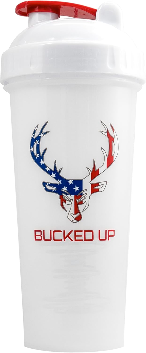 Bucked Up Perfect Shaker Bottle, 28oz, BPA-Free, Dishwasher Safe, Leak-Proof, Red White and Blue USA Flag Design