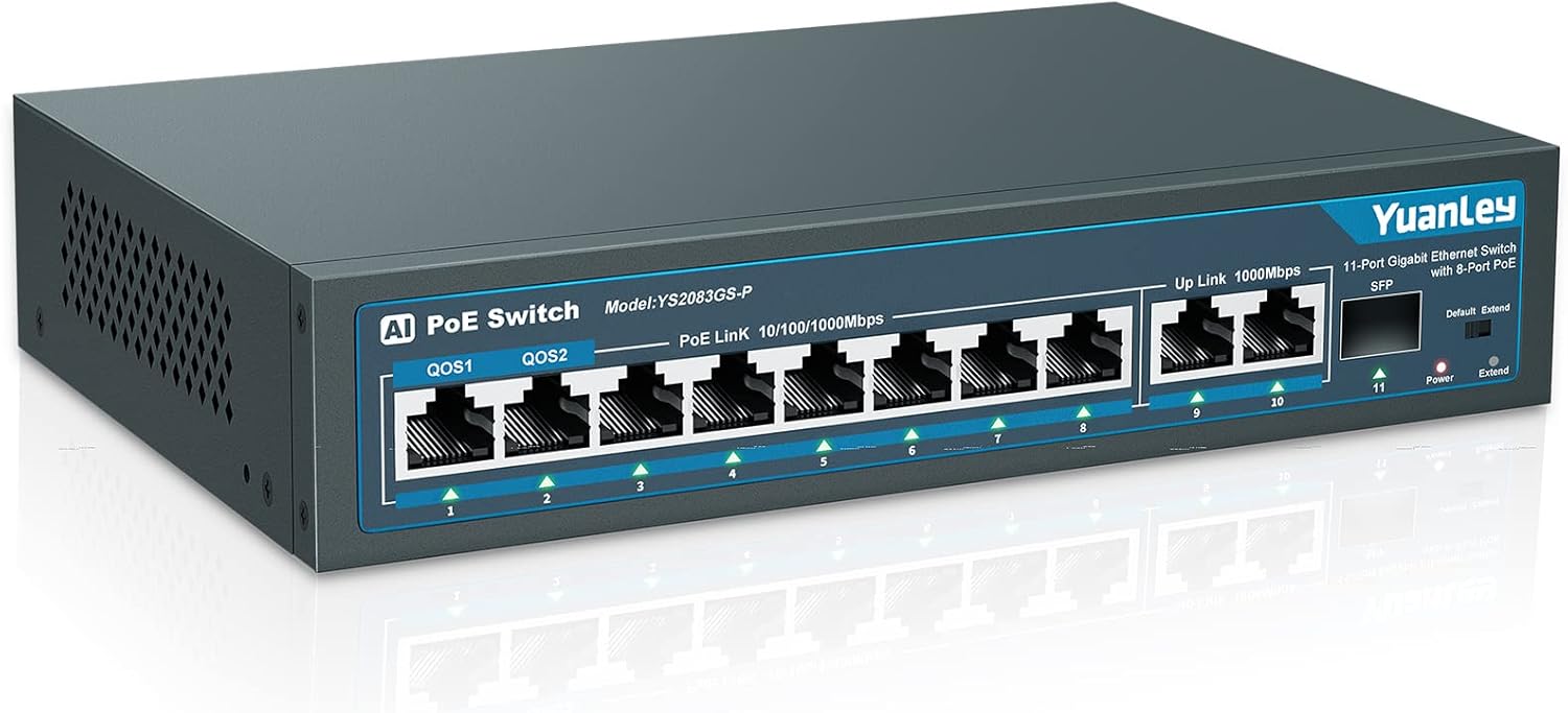 YuanLey 8 Port Gigabit PoE Switch with 2 Gigabit Uplink, 8 PoE+ Port 1000Mbps, 1 SFP Port, 120W 802.3af/at, Metal, Qos, Unmanaged Plug and Play AI Smart Detection Ethernet Switch