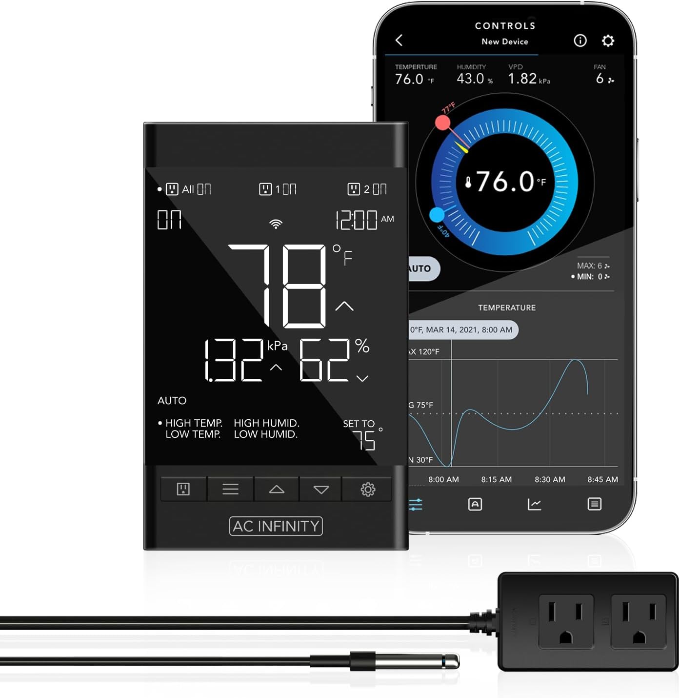 AC Infinity CONTROLLER 79 PRO, WiFi Outlet Controller, Independent Programs for Two Devices, Wall Hang Digital Thermostat with Temperature, Humidity, VPD, & Timer Controls, For Seed Starting Heat Mats