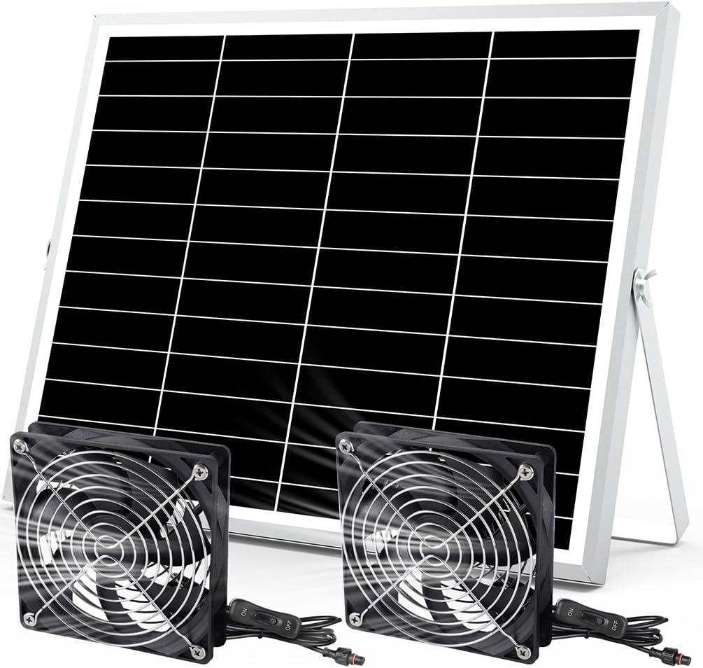 5 Inch Solar Powered Fan, Solar Exhaust Intake Fan Kit, IPX7 Waterproof Dual Fans with 13Ft On/Off Switch Cable, Cooling Ventilation for Greenhouse, Chicken Coop, Shed, Dog House, Outside