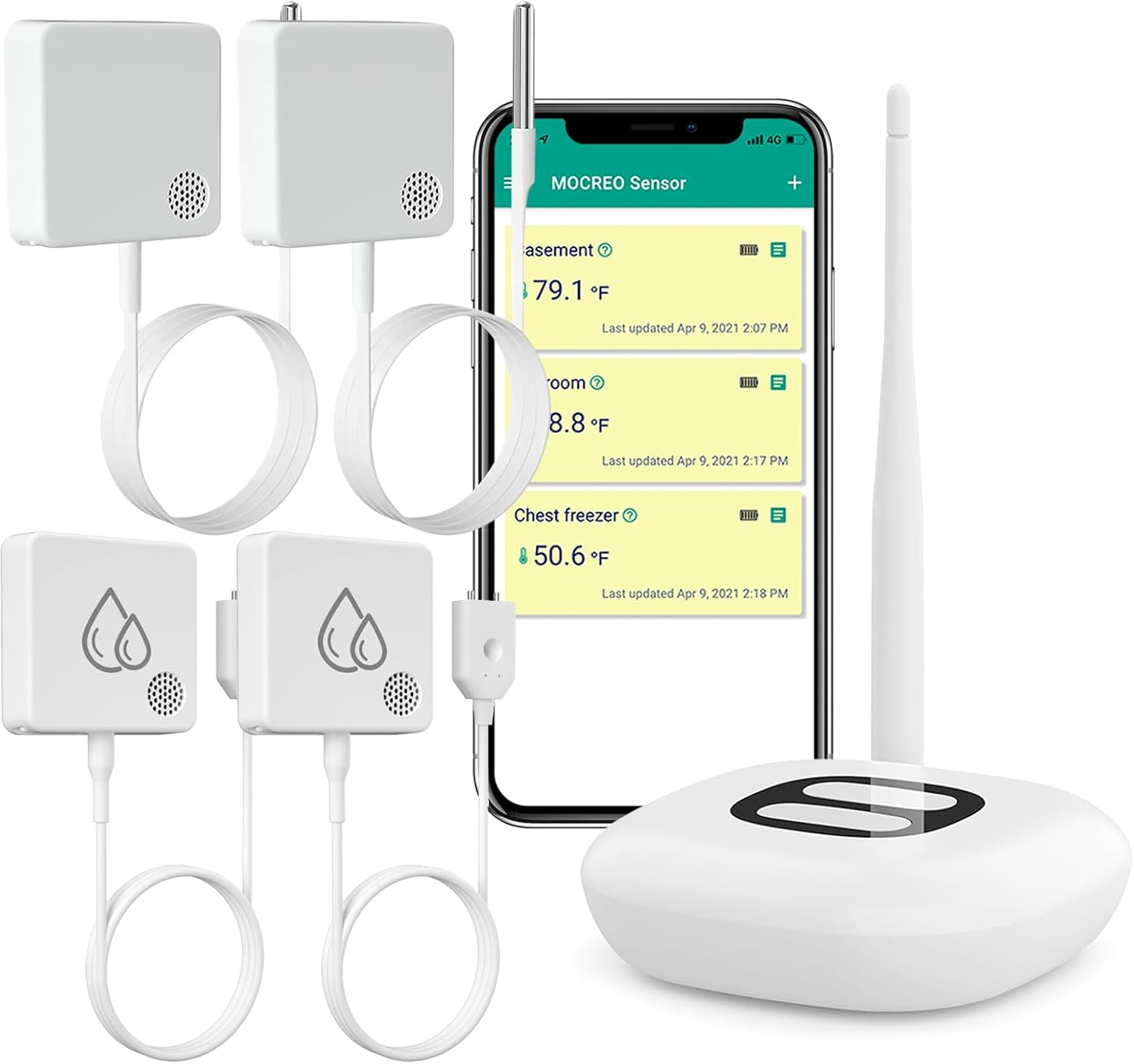 Whole House WiFi Smart Remote Monitoring System: 2PCS Freezer Thermometer, 2PCS Water Leak Detector Alarm, Email & App Alert, Data Logging, Build Smart Scenes