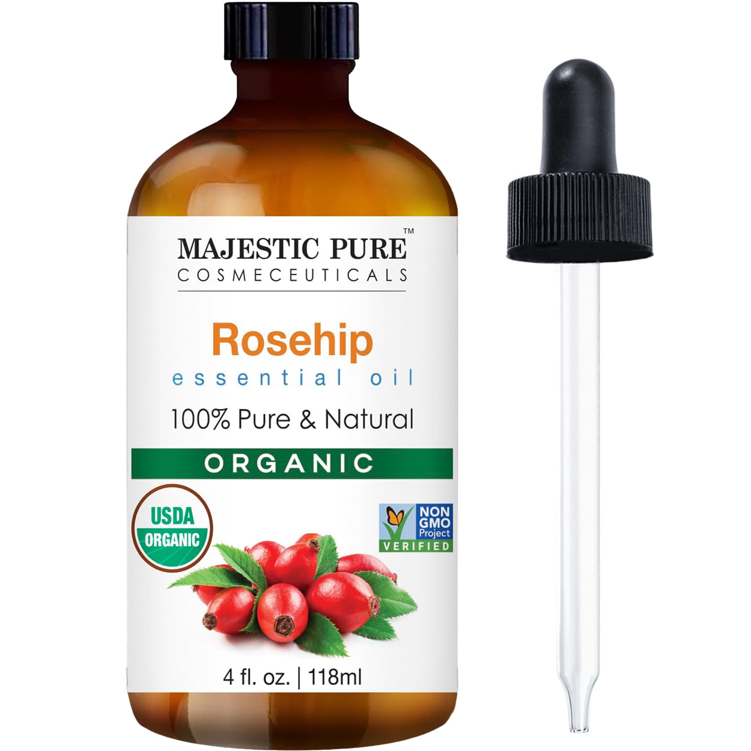 Majestic Pure Organic Rosehip Oil | USDA Organic Oil Rose Hip for Face, Skin, Hair & Massage | Acne Scars & Facial Oil | For Women & Men | 4fl oz