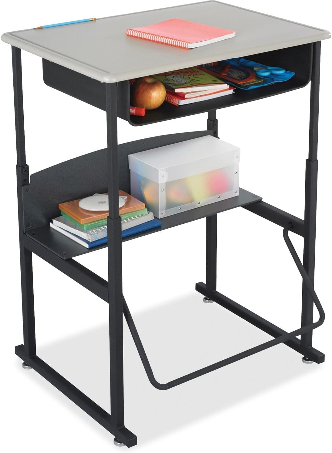 Safco AlphaBetter Student Standing Desk with Storage Book Box, Adjustable Height with Shelf and Swinging Pendulum Foot Rest, 28″ W x 20″ D, Black