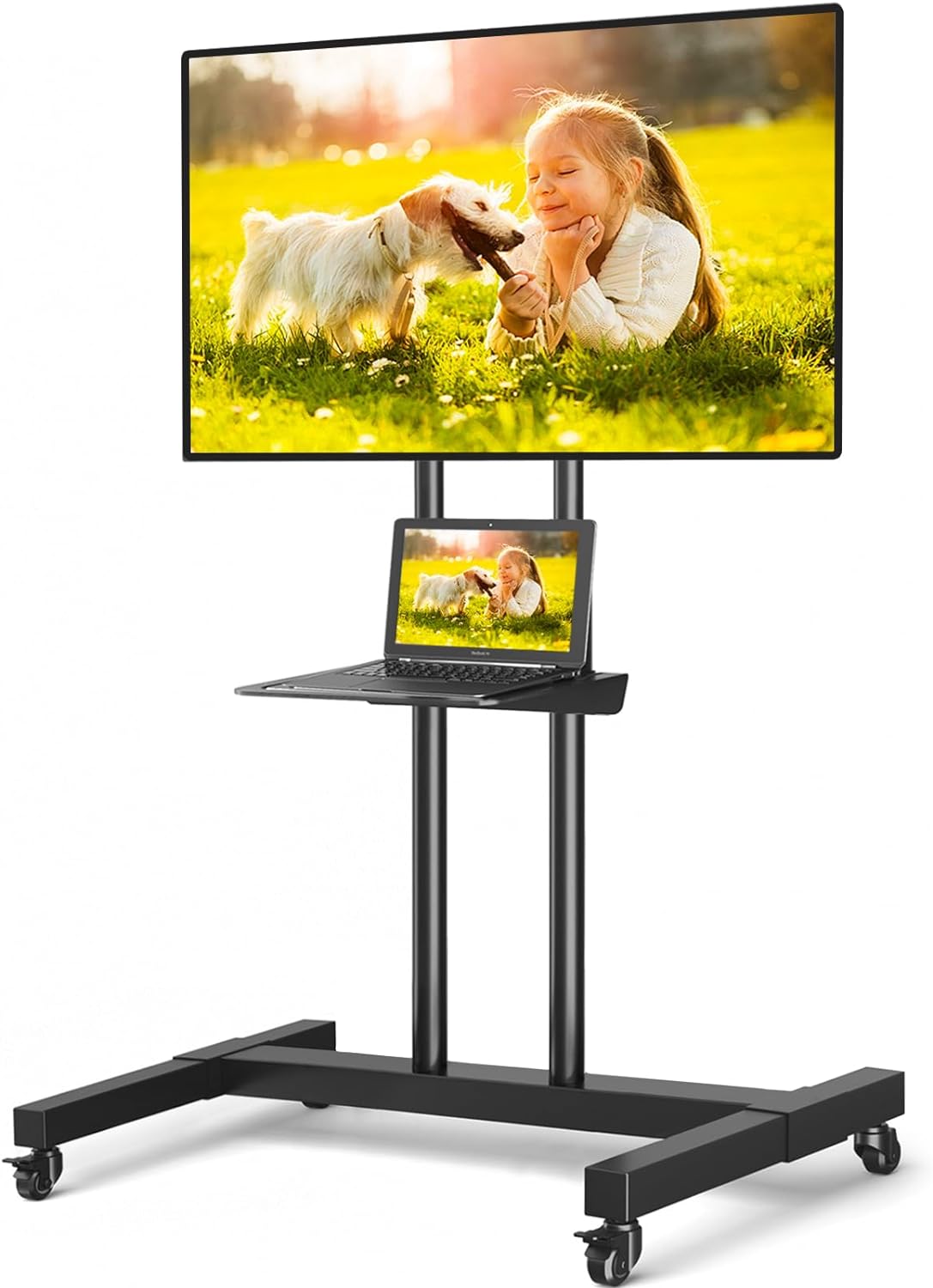 TVON Rolling TV Stand for 32-83 inch Flat Screen/Curved TVs up to 110 lbs, Height Adjustable Portable TV Stand on Wheels with Metal Laptop Shelf, TV Stands for Living Room, Home and Office Use