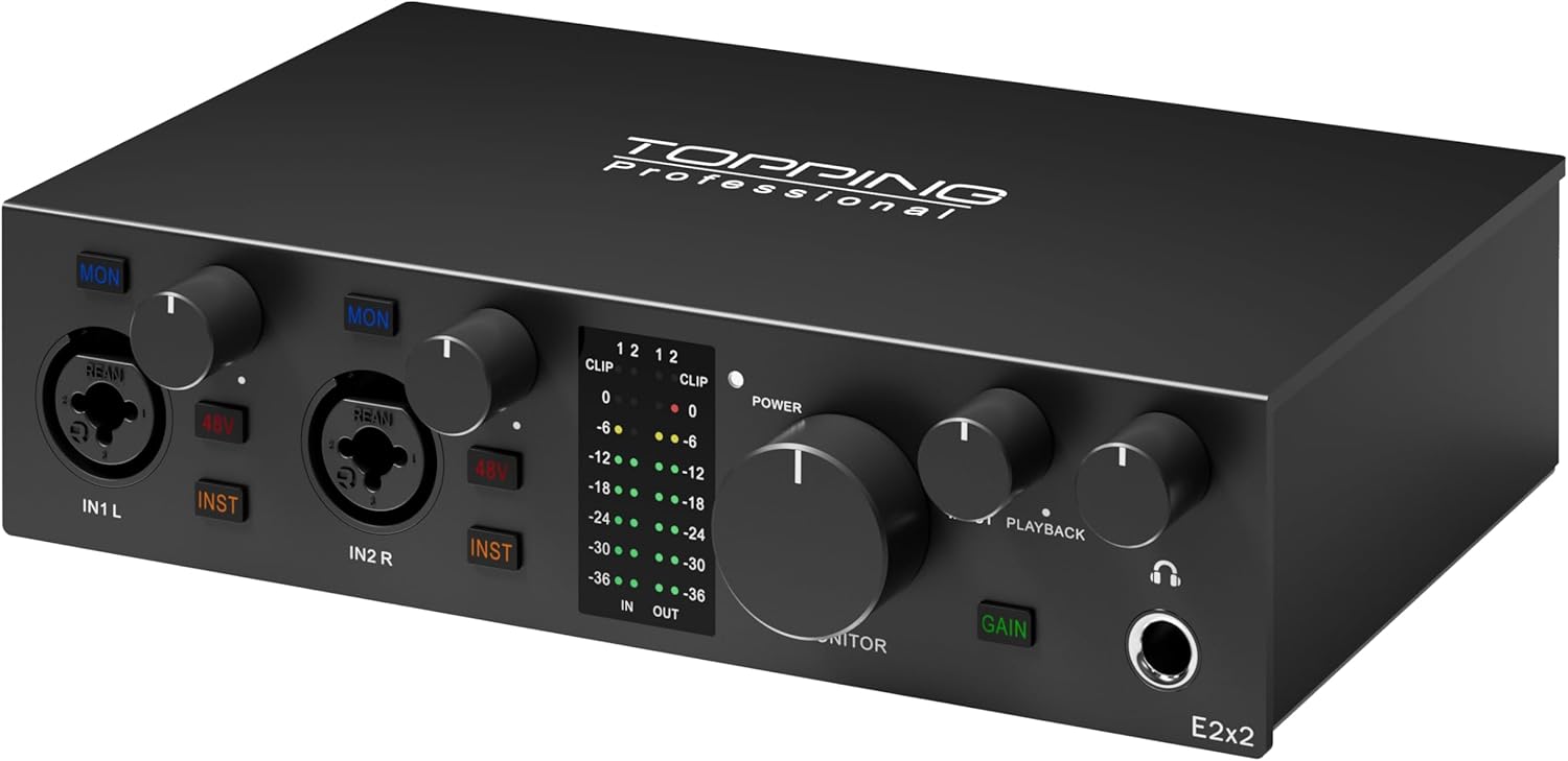 TOPPING E2X2 USB Audio Interface – High-Performance Mixer & Recording Interface for PC, Mac, iPhone & Android – Ultra-Linear Preamp, 48V Phantom Power, Low Noise, Real-Time Monitoring (Black)