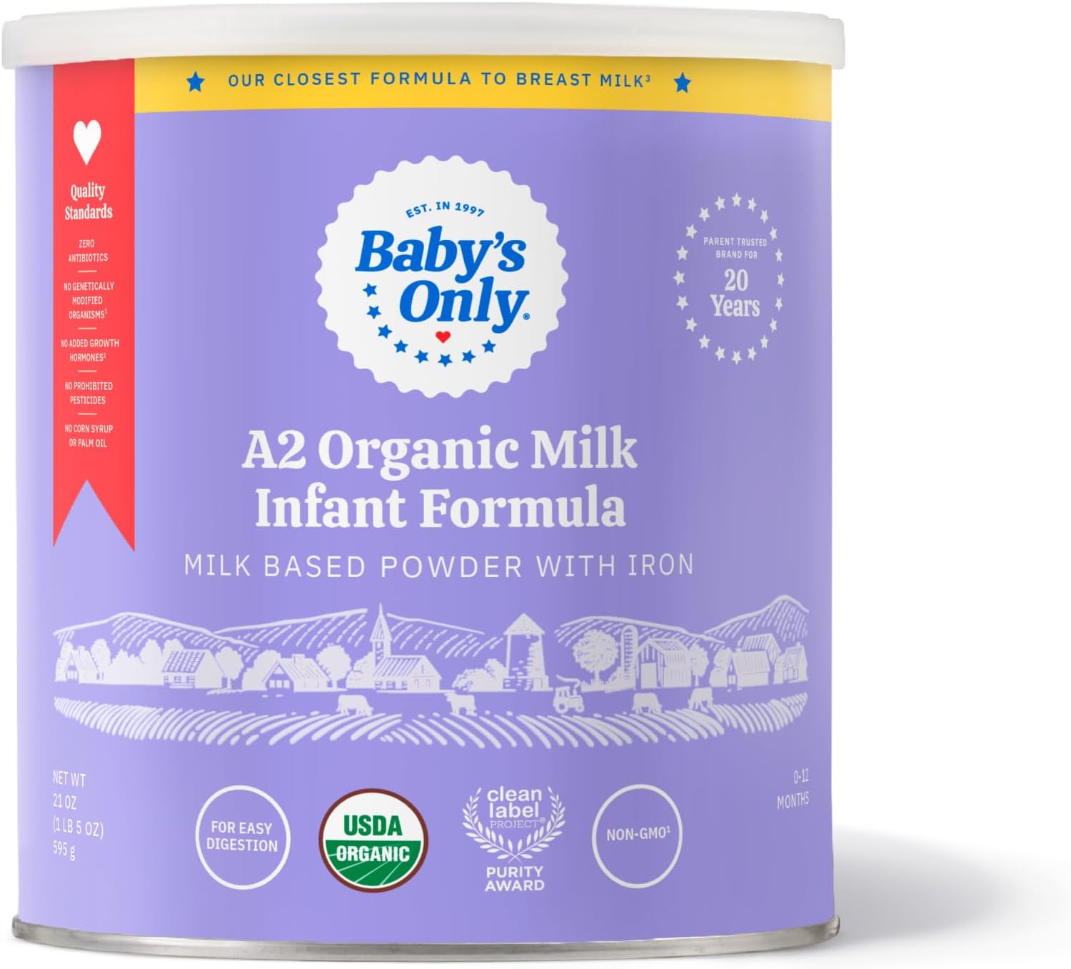 Baby’s Only A2 Organic Milk Infant Formula, A2 Milk Based Powder, Organic Baby Formula with A2 Beta-Casein Protein, Iron, Vitamin E, Vitamin D, Easy to Digest, Newborn to 12 Months Old, 21 oz, 1 Pack