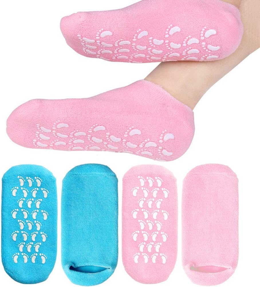 2 Pairs Moisturizing Socks, Gel Socks Soft Moisturizing Gel Socks, Gel Spa Socks for Repairing and Softening Dry Cracked Feet Skins (Blue & Pink)