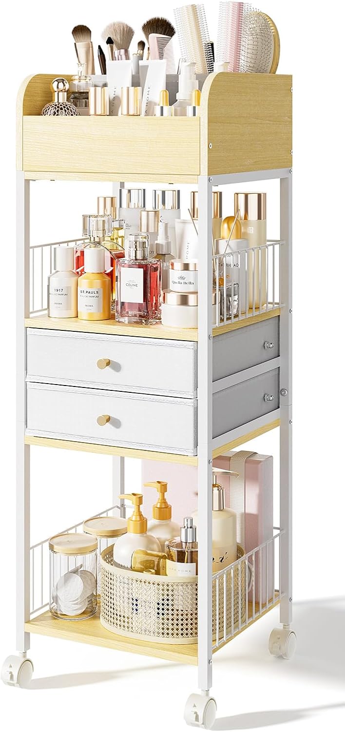 Makeup Organizer Cart with Drawers, Rolling Bathroom Organizers and Storage- Versatile Skincare & Perfume Storage Vanity Organizer, Natural Wood & White Iron