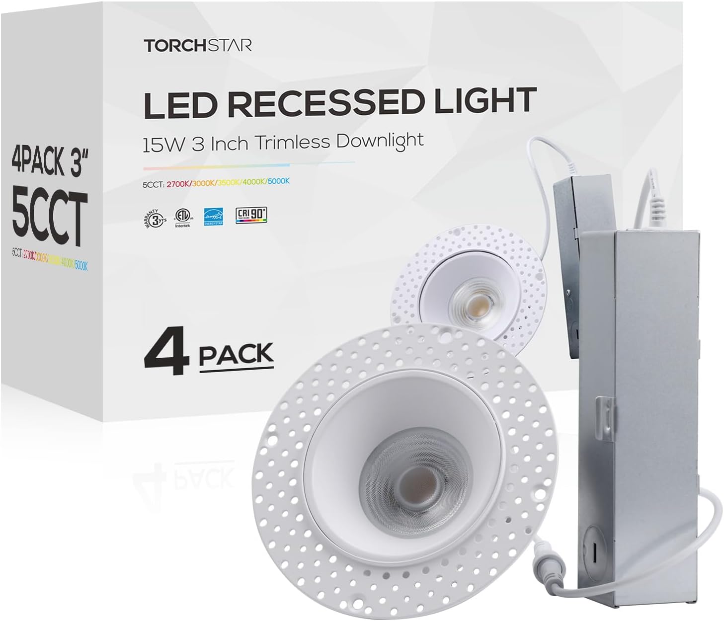 TORCHSTAR 5CCT Trimless 3 Inch LED Recessed Light, 15W 120V Ceiling Canless Round Commercial Dimmable LED Downlight with Junction Box, 2700K-5000K 950LM CRI 90+, ETL Energy Star, Pack of 4