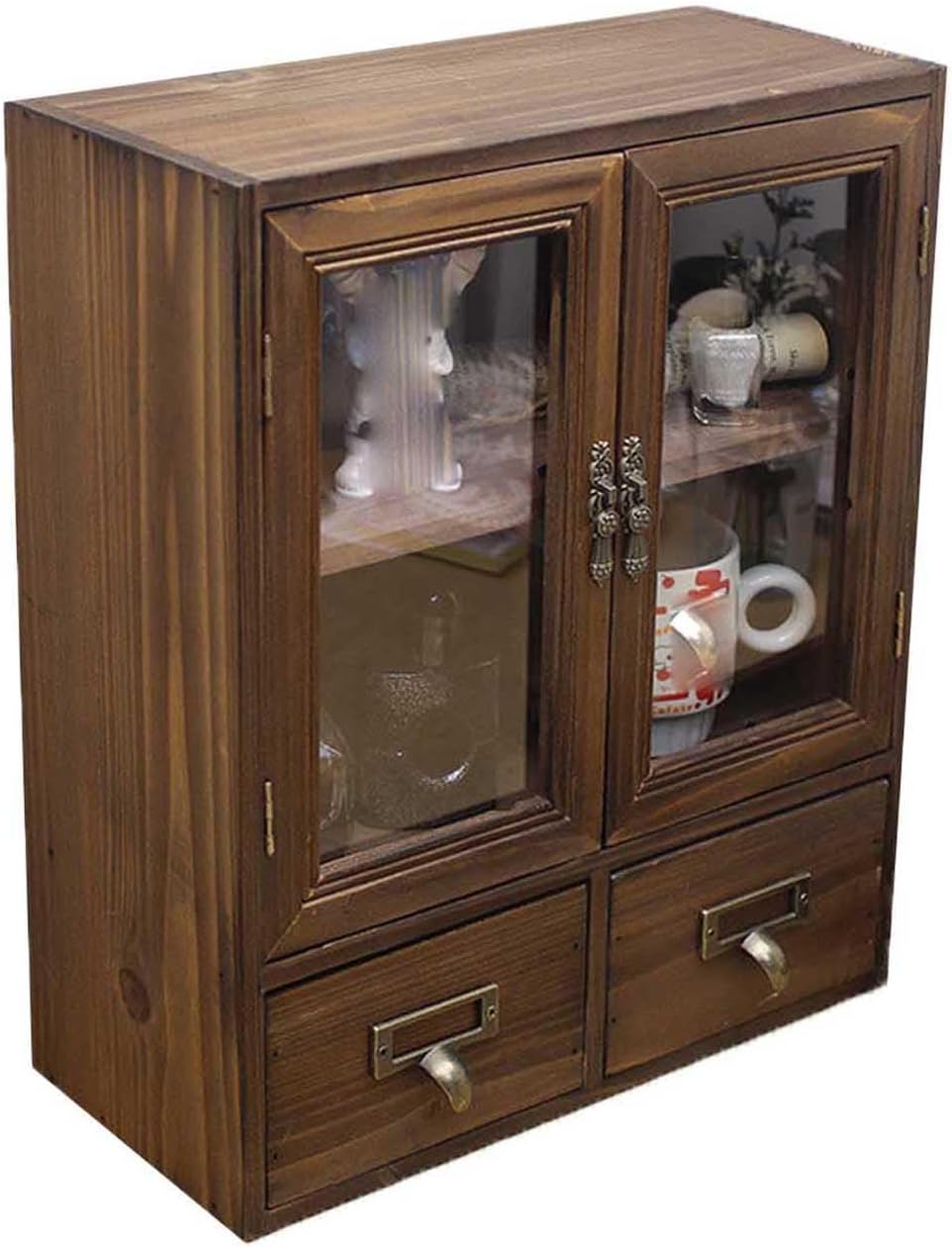 Rosetta Mini Countertop Country Vintage Locker, Wall-Mounted Wood Display with Transparent Door, Food Storage, 2 Bottom Drawers-Pharmacist Cabinet-Display Cabinet (Burnt Wood Color)