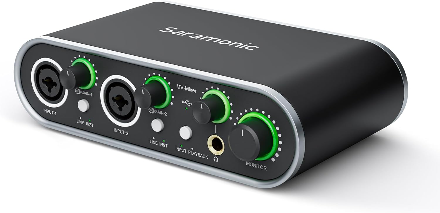 Saramonic MV-Mixer Dual-Channel XLR Audio Interface Mixer for Mac PC Recording Studio Singers Musicians Podcasters Guitar Sound Equipment, Real-Time and Playback Monitoring Music Production Software